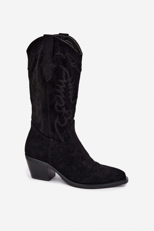Schwarze Kunstveloursleder Stiefel im Cowboy-Stil mit Absätzen Jarissa