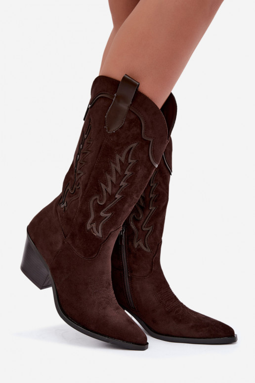 Schokoladenfarbene Kunstveloursleder Stiefel im Cowboy-Stil mit Absätzen Jarissa