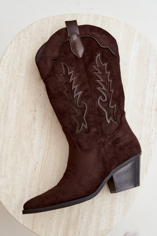 Schokoladenfarbene Kunstveloursleder Stiefel im Cowboy-Stil mit Absätzen Jarissa