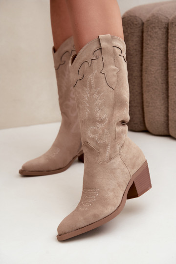 Sandfarbene Kunstveloursleder Stiefel im Cowboy-Stil mit Absätzen Jarissa 2