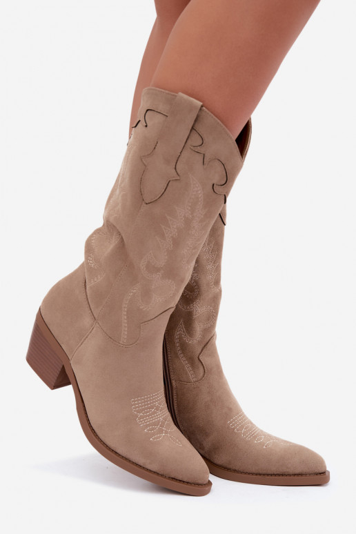 Sandfarbene Kunstveloursleder Stiefel im Cowboy-Stil mit Absätzen Jarissa