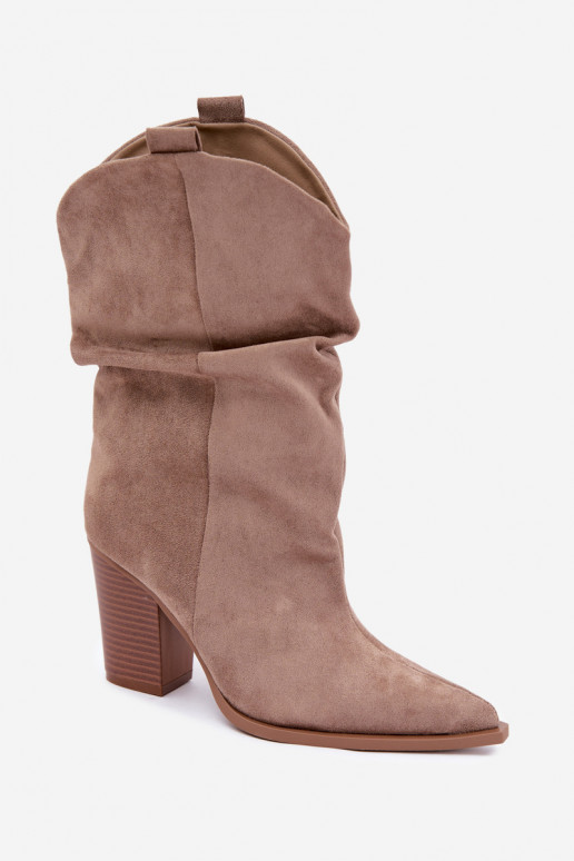 Sandfarbene Veloursleder Stiefeletten mit Rüschen am Absatz Inela