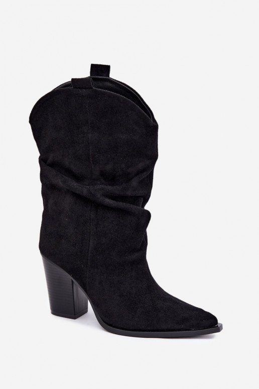 Schwarze Veloursleder Stiefeletten mit Rüschen am Absatz Inela