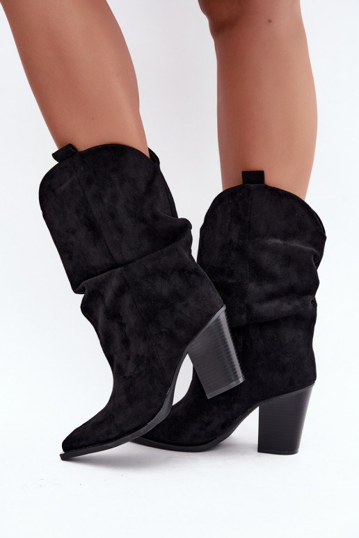 Schwarze Veloursleder Stiefeletten mit Rüschen am Absatz Inela