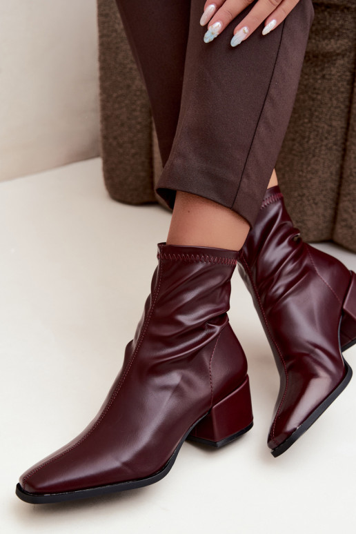 Damen Stiefeletten mit Absatz Typ Klocek aus Kunstleder in Bordeauxfarbe Rosley