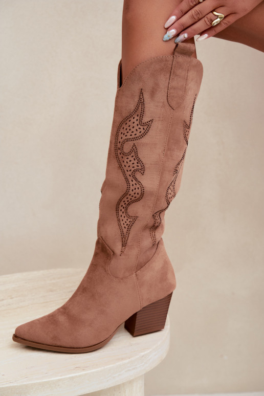 lange Cowboy-Stiefel mit Dekoration am Schaft in brauner Farbe Greyla