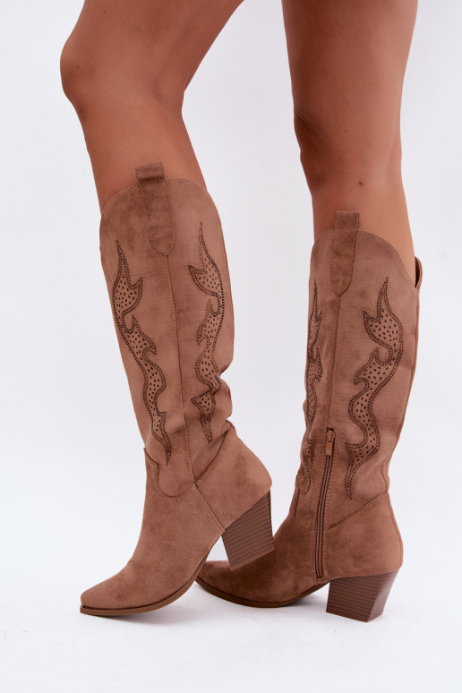 lange Cowboy-Stiefel mit Dekoration am Schaft in brauner Farbe Greyla