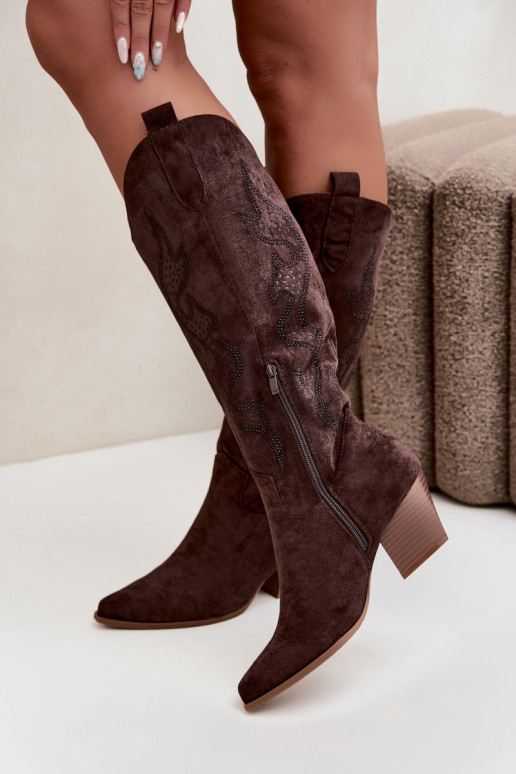 lange Cowboy-Stiefel mit Dekoration am Schaft in Schokoladenfarbe Greyla