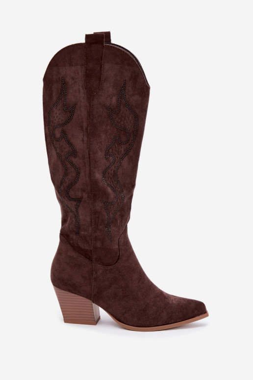 lange Cowboy-Stiefel mit Dekoration am Schaft in Schokoladenfarbe Greyla