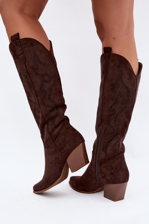 lange Cowboy-Stiefel mit Dekoration am Schaft in Schokoladenfarbe Greyla