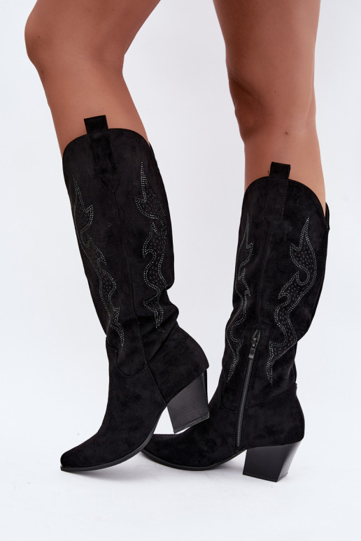 lange Cowboy-Stiefel mit Dekoration am Schaft in schwarzer Farbe Greyla