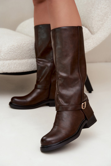 warme Damen lange Stiefel mit Schnallen in Schokoladenfarbe Elland