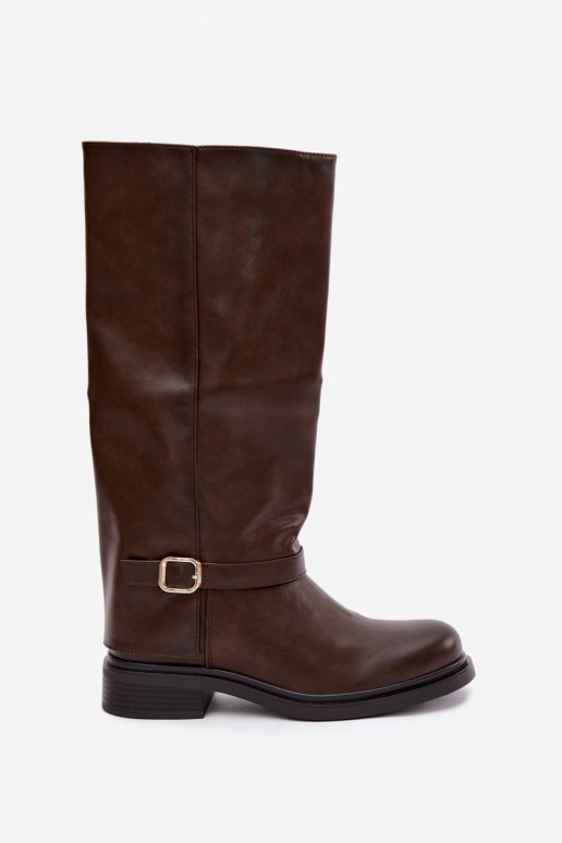 warme Damen lange Stiefel mit Schnallen in Schokoladenfarbe Elland