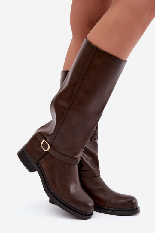 warme Damen lange Stiefel mit Schnallen in Schokoladenfarbe Elland