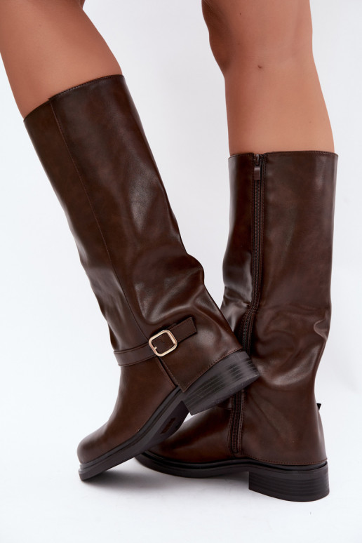 warme Damen lange Stiefel mit Schnallen in Schokoladenfarbe Elland