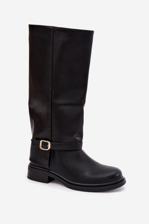 damen gefütterte kniehohe Stiefel mit Schnallen in Schwarz Elland