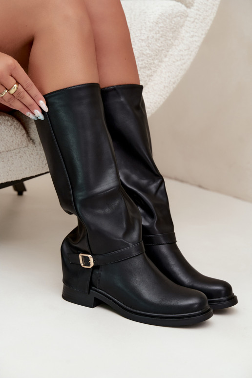damen gefütterte kniehohe Stiefel mit Schnallen in Schwarz Elland