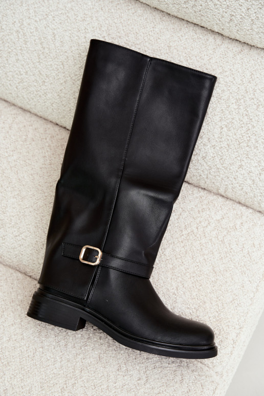 damen gefütterte kniehohe Stiefel mit Schnallen in Schwarz Elland