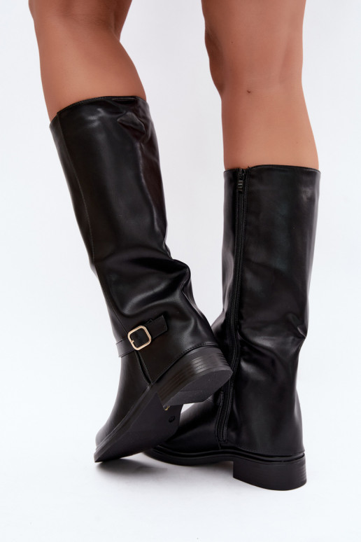 damen gefütterte kniehohe Stiefel mit Schnallen in Schwarz Elland