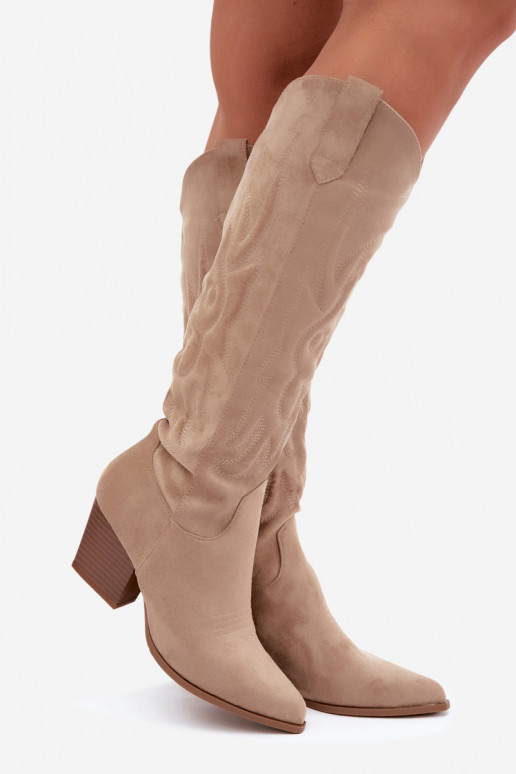 damen kniehohe Stiefel im Cowboy-Stil mit Absatz in Sandfarbe Glenor