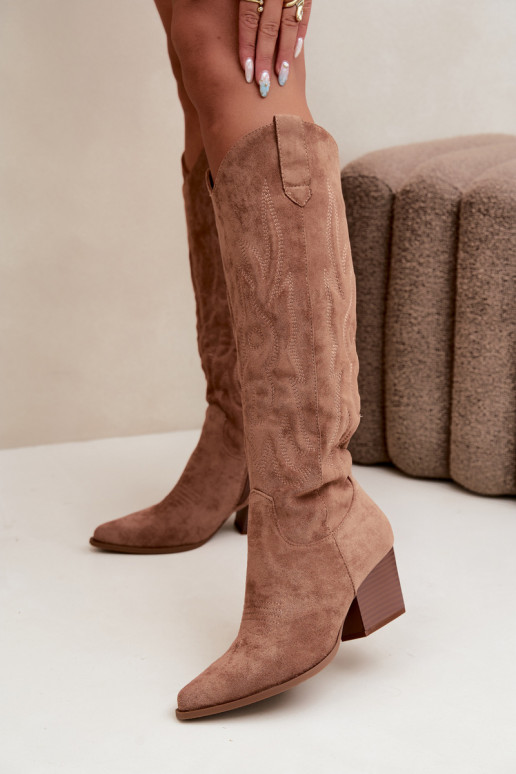 damen kniehohe Stiefel im Cowboy-Stil mit Absatz in Braun Glenor