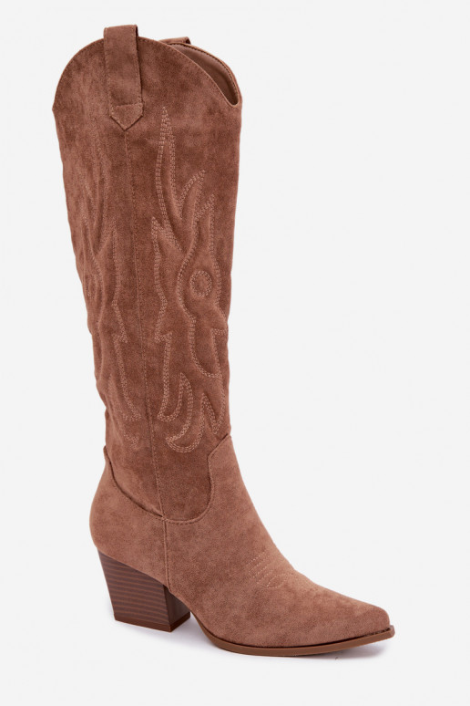 damen kniehohe Stiefel im Cowboy-Stil mit Absatz in Braun Glenor