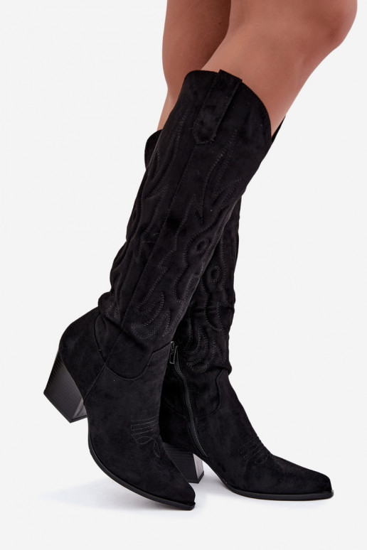 damen kniehohe Stiefel im Cowboy-Stil mit Absatz in Schwarz Glenor