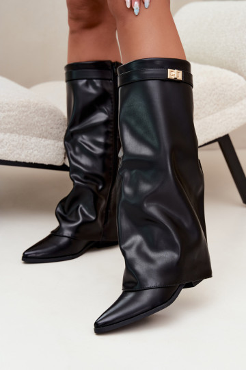damen kniehohe Stiefel mit genähtem Schaft auf niedrigem Absatz aus Kunstleder in Schwarz Gisellea