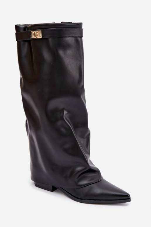 damen kniehohe Stiefel mit genähtem Schaft auf niedrigem Absatz aus Kunstleder in Schwarz Gisellea