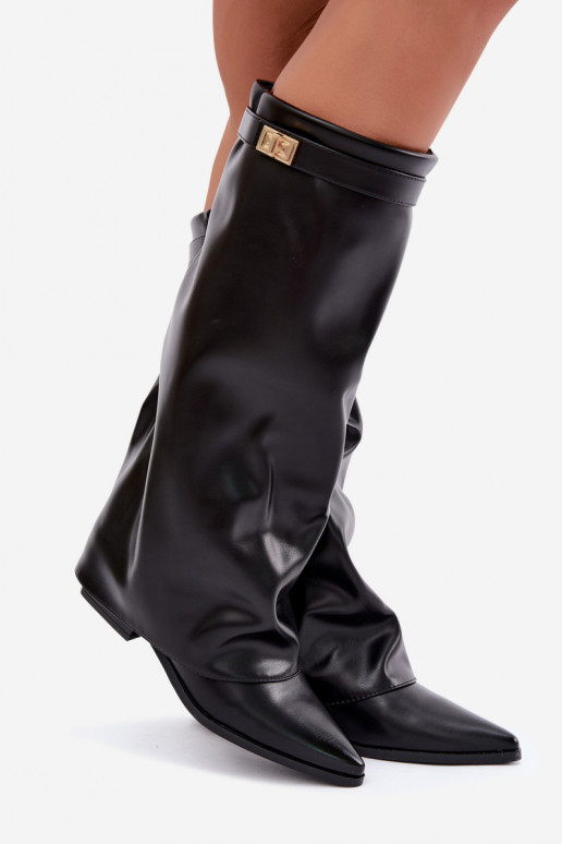 damen kniehohe Stiefel mit genähtem Schaft auf niedrigem Absatz aus Kunstleder in Schwarz Gisellea