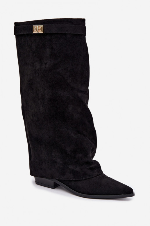 damen kniehohe Stiefel mit genähtem Schaft auf niedrigem Absatz aus Kunstveloursleder in Schwarz Gisellea