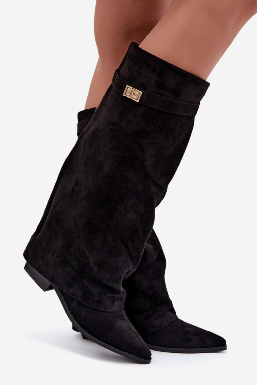 damen kniehohe Stiefel mit genähtem Schaft auf niedrigem Absatz aus Kunstveloursleder in Schwarz Gisellea
