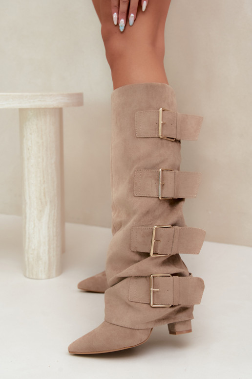 damen kniehohe Stiefel mit genähtem Schaft in Gold mit Schnallen aus Kunstveloursleder in Khaki Isa