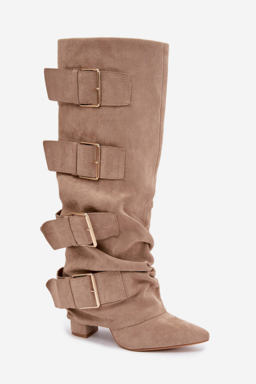 damen kniehohe Stiefel mit genähtem Schaft in Gold mit Schnallen aus Kunstveloursleder in Khaki Isa