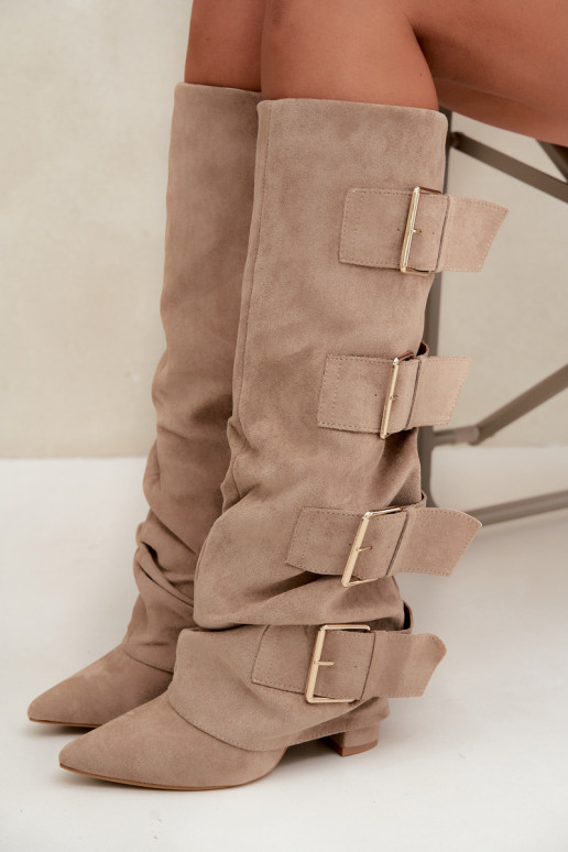 damen kniehohe Stiefel mit genähtem Schaft in Gold mit Schnallen aus Kunstveloursleder in Khaki Isa