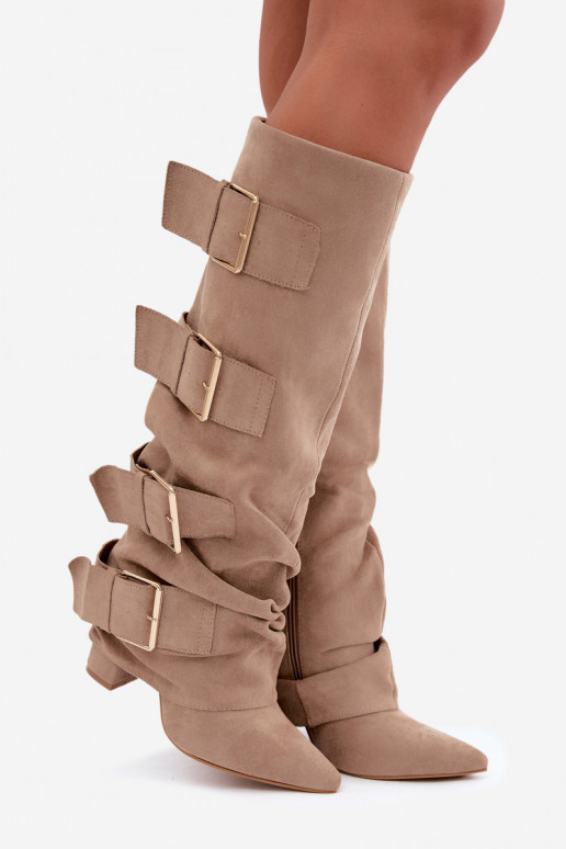 damen kniehohe Stiefel mit genähtem Schaft in Gold mit Schnallen aus Kunstveloursleder in Khaki Isa
