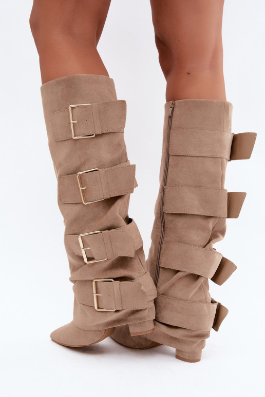 damen kniehohe Stiefel mit genähtem Schaft in Gold mit Schnallen aus Kunstveloursleder in Khaki Isa