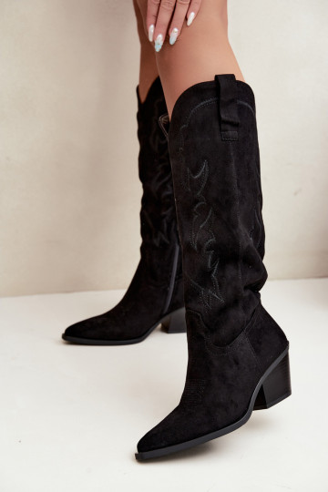 damen kniehohe Stiefel im Cowboy-Stil mit Absatz aus Kunstveloursleder in Schwarz Merise