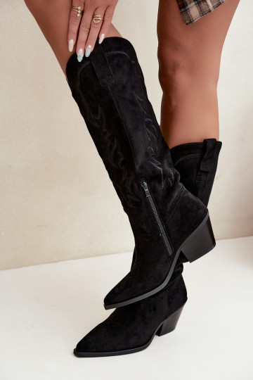 damen kniehohe Stiefel im Cowboy-Stil mit Absatz aus Kunstveloursleder in Schwarz Merise 2