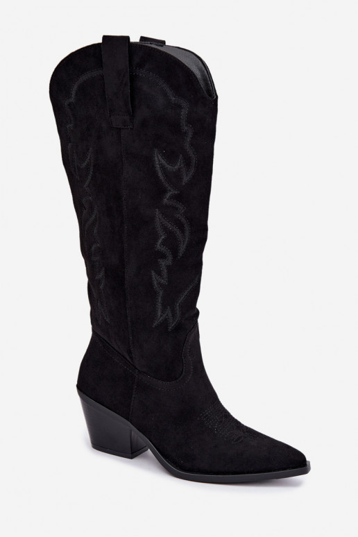 damen kniehohe Stiefel im Cowboy-Stil mit Absatz aus Kunstveloursleder in Schwarz Merise