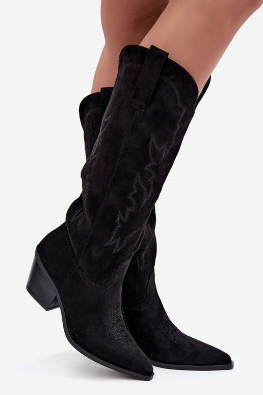 damen kniehohe Stiefel im Cowboy-Stil mit Absatz aus Kunstveloursleder in Schwarz Merise