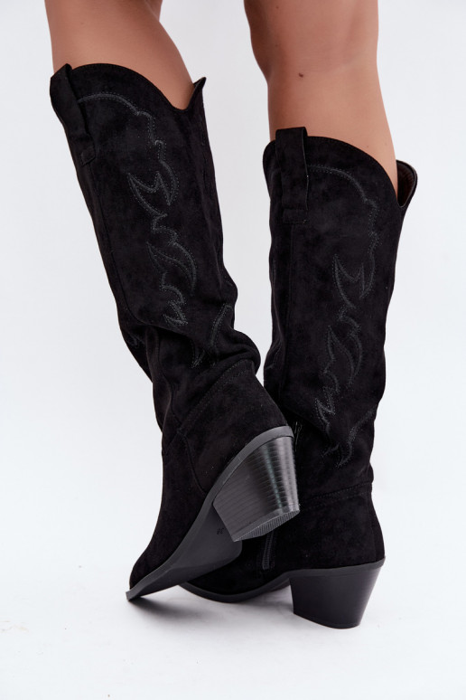 damen kniehohe Stiefel im Cowboy-Stil mit Absatz aus Kunstveloursleder in Schwarz Merise