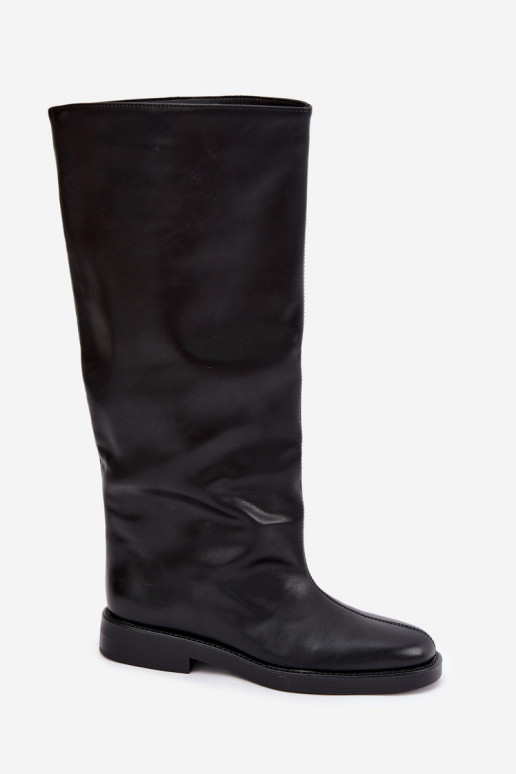 damen kniehohe Stiefel mit breiten Absätzen und dekorativem Stich in Schwarz Gresa