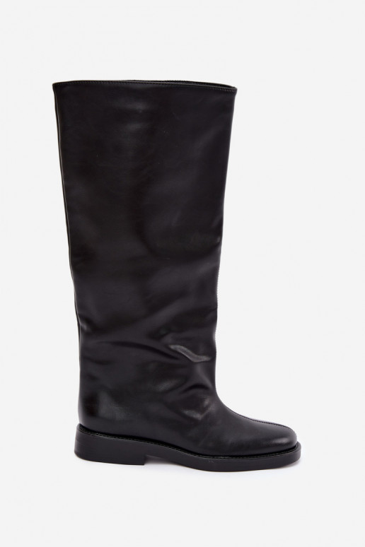 damen kniehohe Stiefel mit breiten Absätzen und dekorativem Stich in Schwarz Gresa