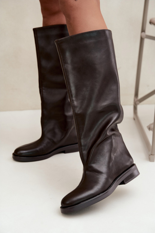 damen kniehohe Stiefel mit breiten Absätzen und dekorativem Stich in Schokoladenfarbe Gresa