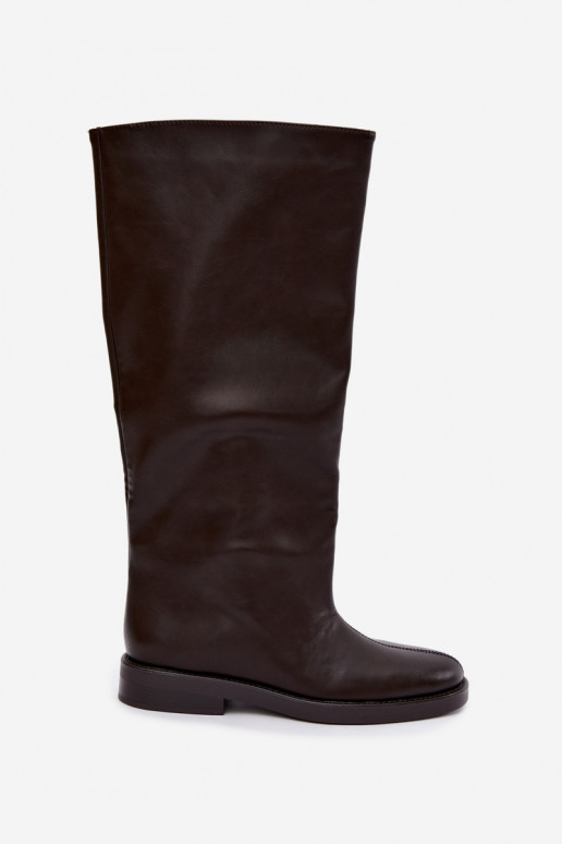 damen kniehohe Stiefel mit breiten Absätzen und dekorativem Stich in Schokoladenfarbe Gresa