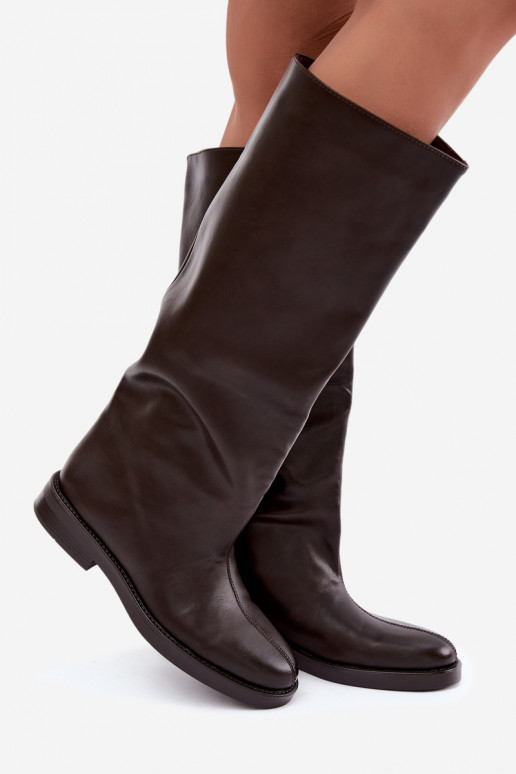 damen kniehohe Stiefel mit breiten Absätzen und dekorativem Stich in Schokoladenfarbe Gresa