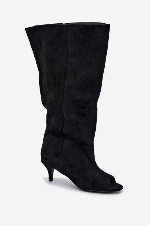 kniehohe Stiefel mit hohem Schaft und offenen Zehen in Schwarz Henya