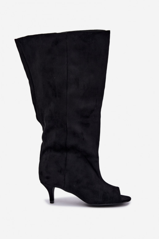 kniehohe Stiefel mit hohem Schaft und offenen Zehen in Schwarz Henya