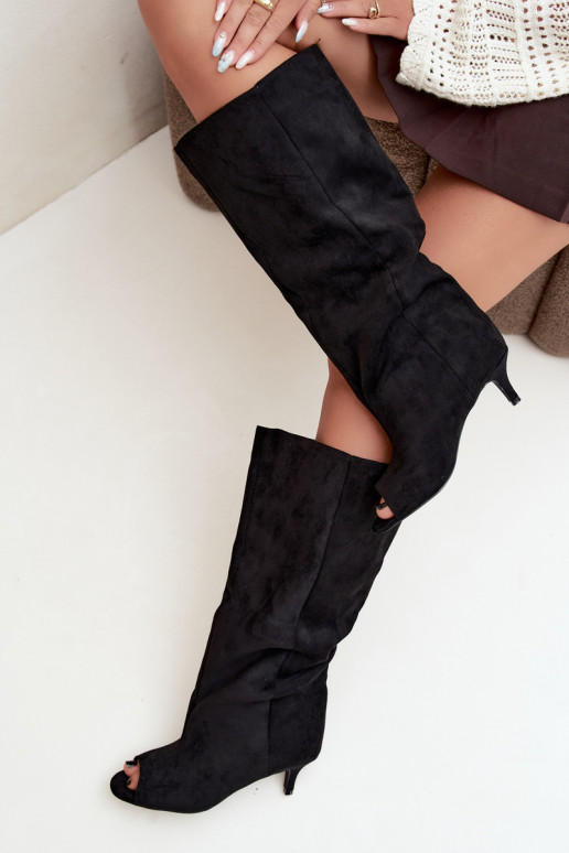 kniehohe Stiefel mit hohem Schaft und offenen Zehen in Schwarz Henya